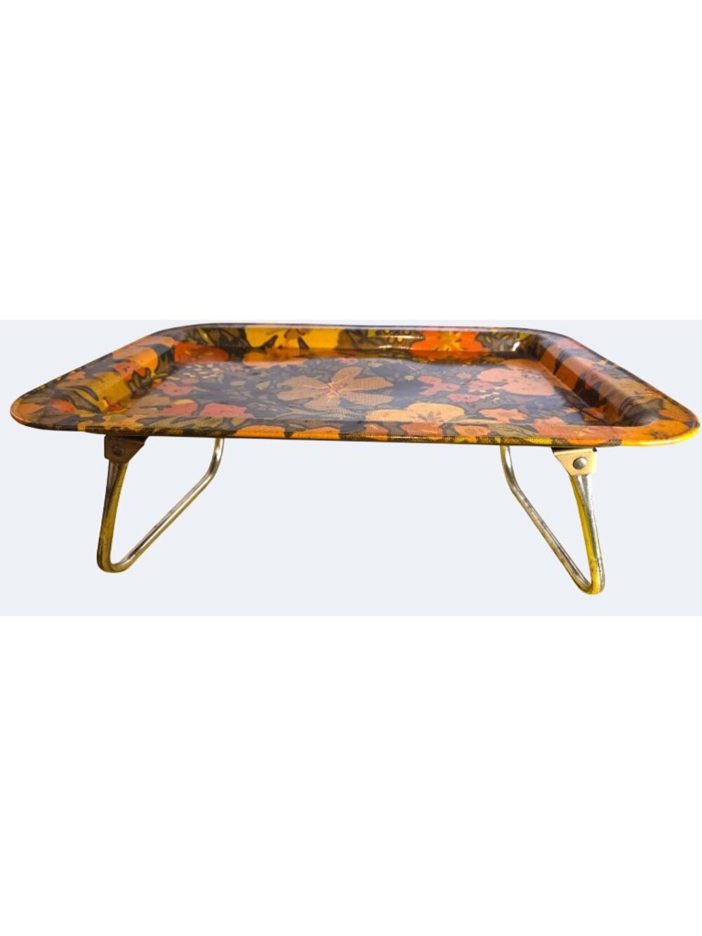 Vintage Folding Metal Tray Floral Pattern Yellow Orange Flowers Rectangular Serv